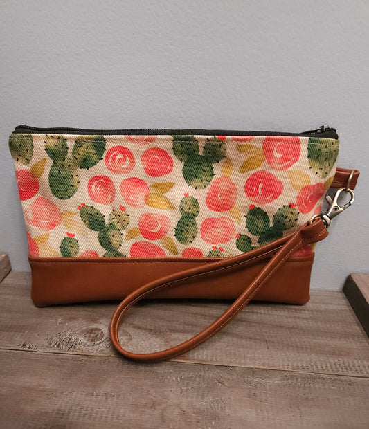 Faux Leather Our Lady of Guadalupe clutch with wristlet Cacti and Roses