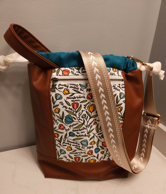Canvas Drawstring Faux leather Ave Maria fabric Crossbody with pockets