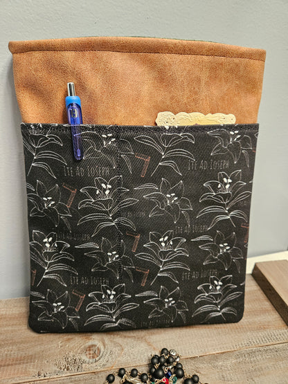 St. Joseph Book Sleeve faux leather with Catholic fabric for journals, books, booklets and devices iPad and Kindle cases