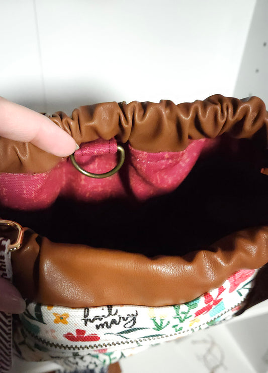 Bible Bag Faux Leather Drawstring bag of Hail Mary Catholic fabric with pockets and adjustable strap