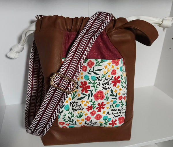 Bible Bag Faux Leather Drawstring bag of Hail Mary Catholic fabric with pockets and adjustable strap