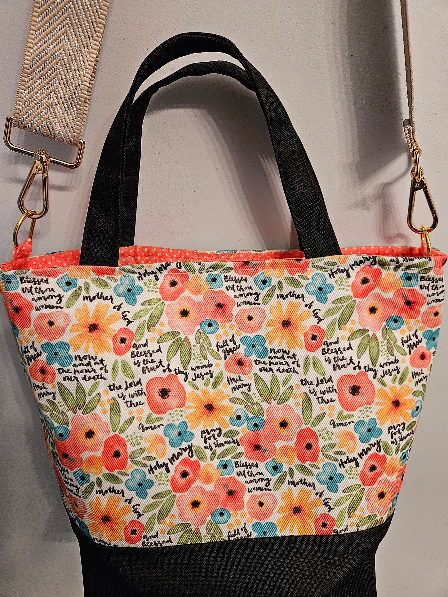 Hail Mary Watercolor florals fabric Tote bag and Crossbody purse