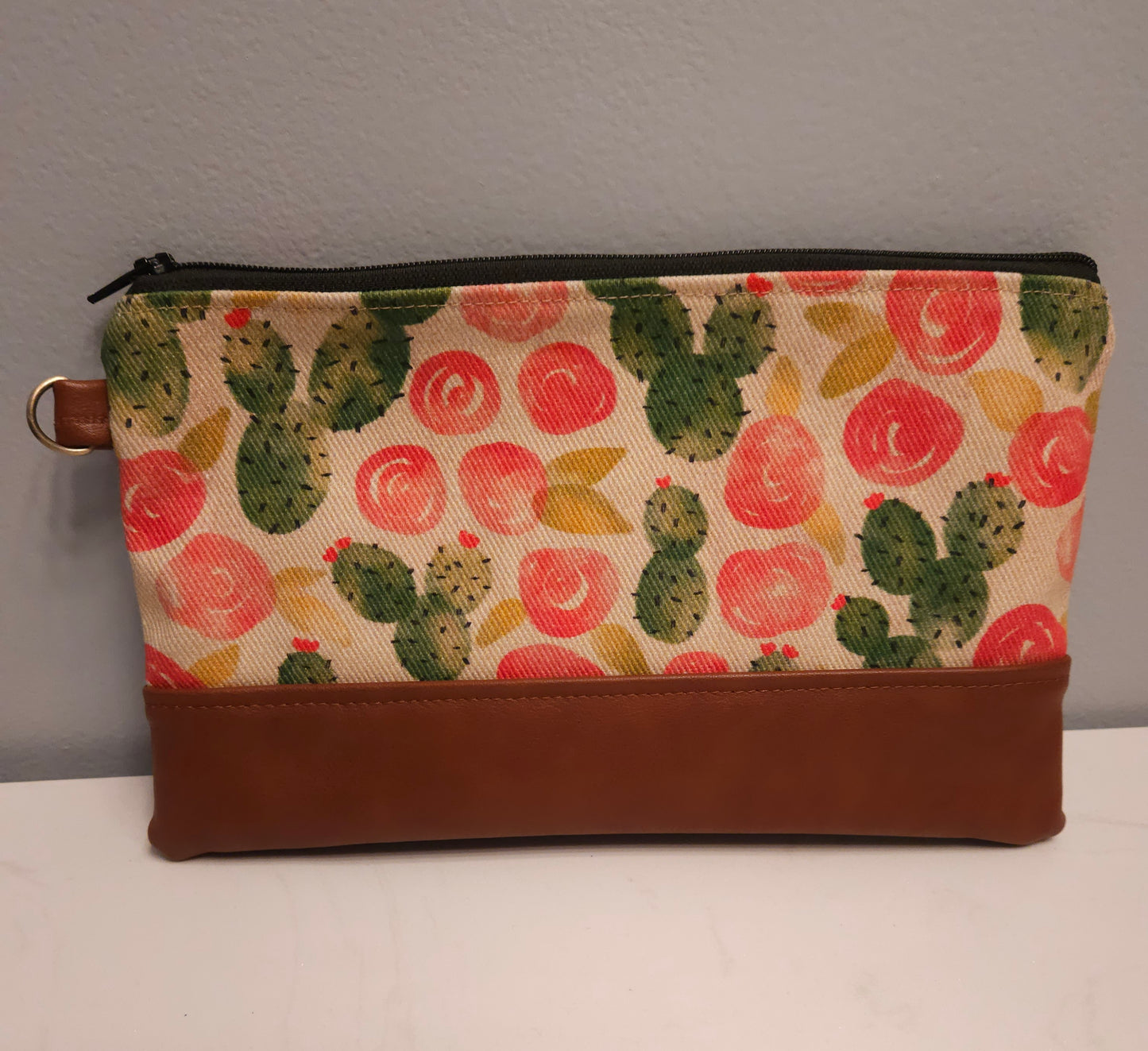 Faux Leather Our Lady of Guadalupe clutch with wristlet Cacti and Roses