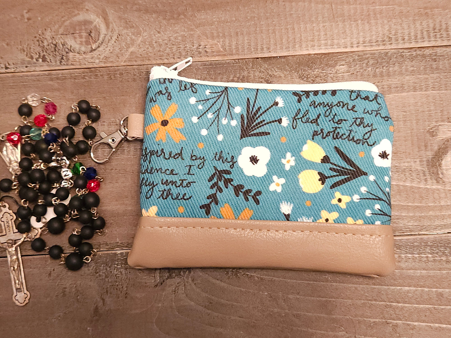 Memorare Teal Catholic Fabric Rosary Pouch Wallet