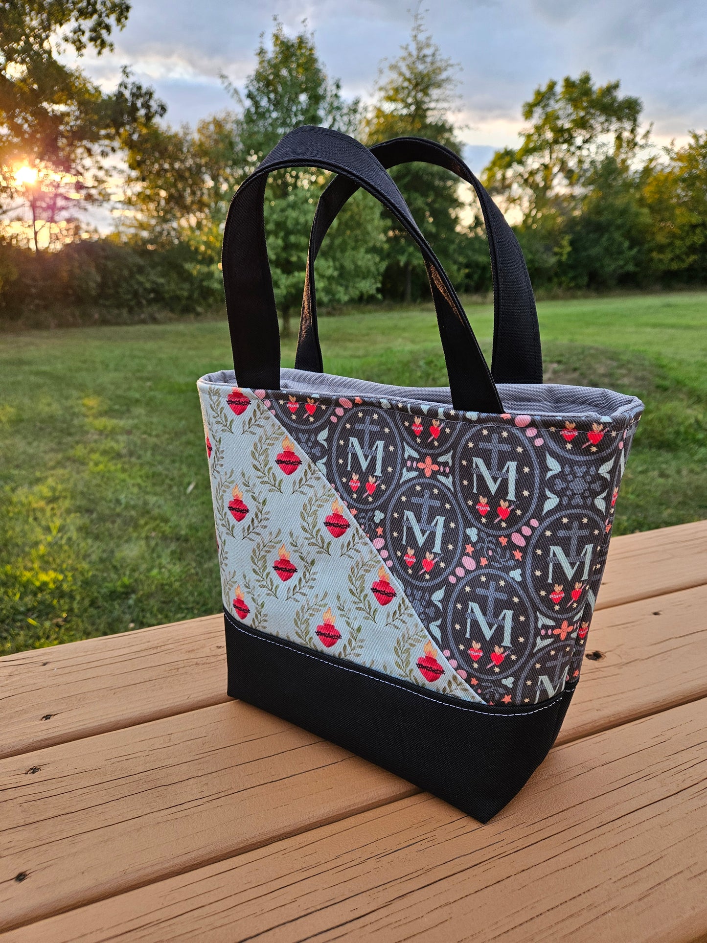 Sacred Heart paired with Miraculous Medal Catholic fabric medium tote bag