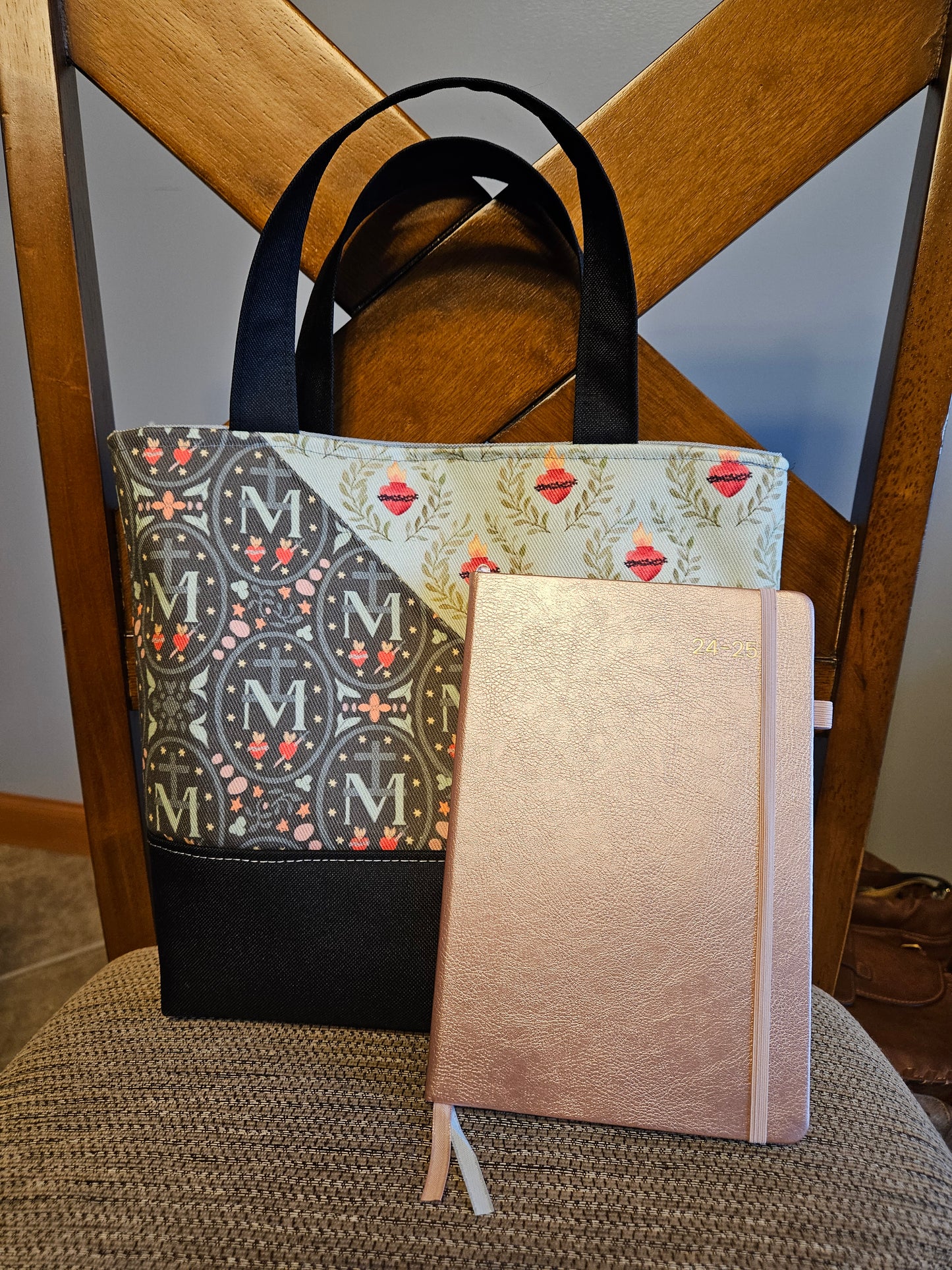 Sacred Heart paired with Miraculous Medal Catholic fabric medium tote bag