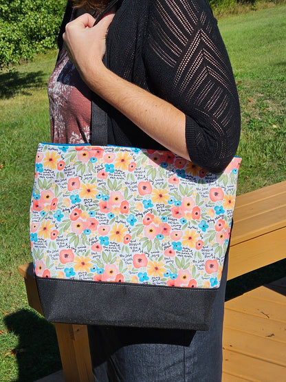 Extra Large Tote with Watercolor Hail Mary floral print Handmade