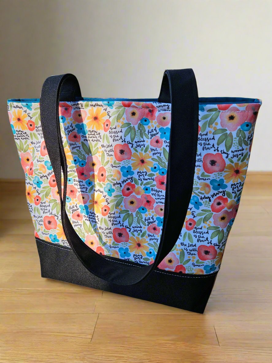 Extra Large Tote with Watercolor Hail Mary floral print Handmade