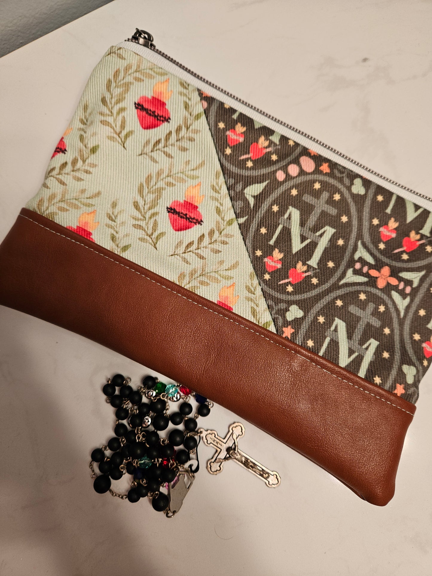 Sacred Heart with Miraculous Medal Catholic fabric faux leather clutch