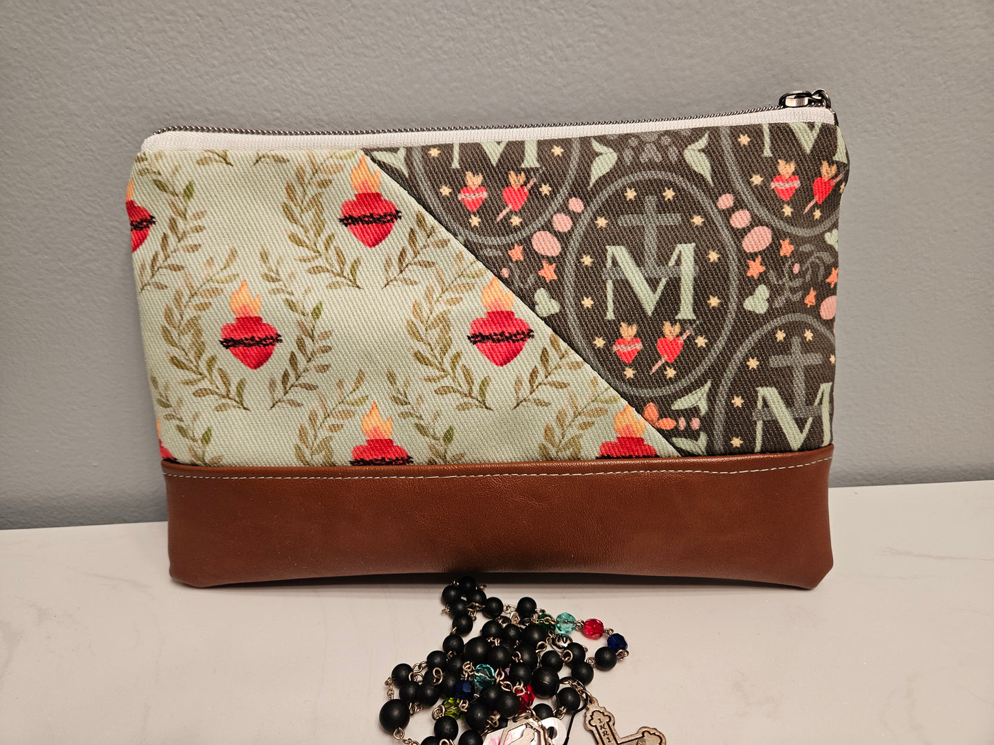 Sacred Heart with Miraculous Medal Catholic fabric faux leather clutch