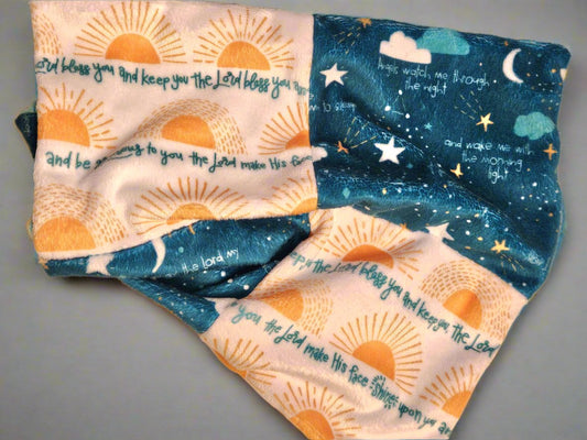 Quilt-style minky blankie in "Lay me down to sleep" and "The Lord bless you and keep you."