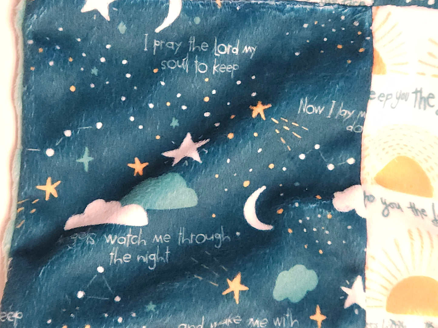 Quilt-style minky blankie in "Lay me down to sleep" and "The Lord bless you and keep you."