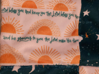 Quilt-style minky blankie in "Lay me down to sleep" and "The Lord bless you and keep you."