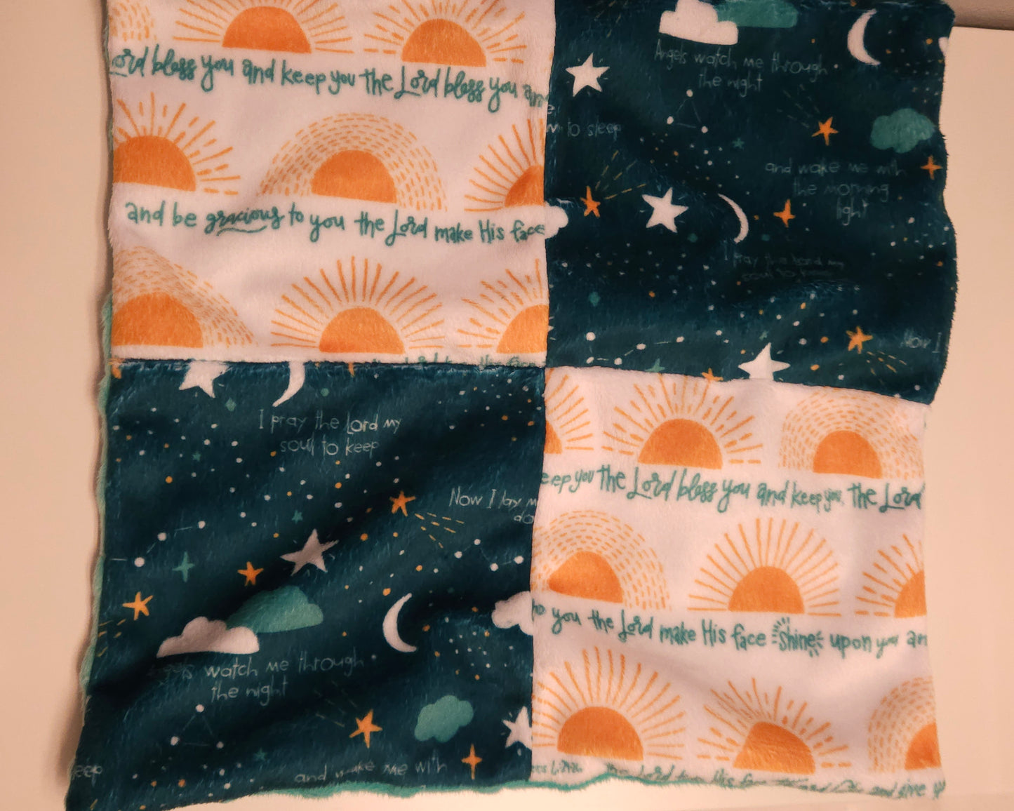 Quilt-style minky blankie in "Lay me down to sleep" and "The Lord bless you and keep you."