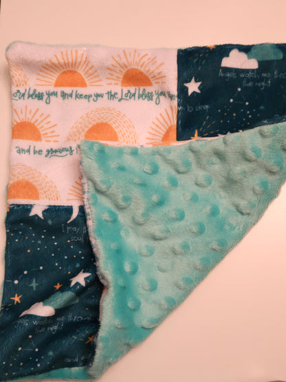 Quilt-style minky blankie in "Lay me down to sleep" and "The Lord bless you and keep you."