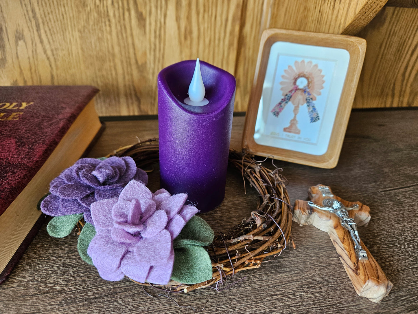 Lent wreath Purple succulent felt flower w/ flameless purple candle