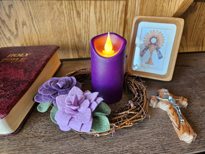 Lent wreath Purple succulent felt flower w/ flameless purple candle