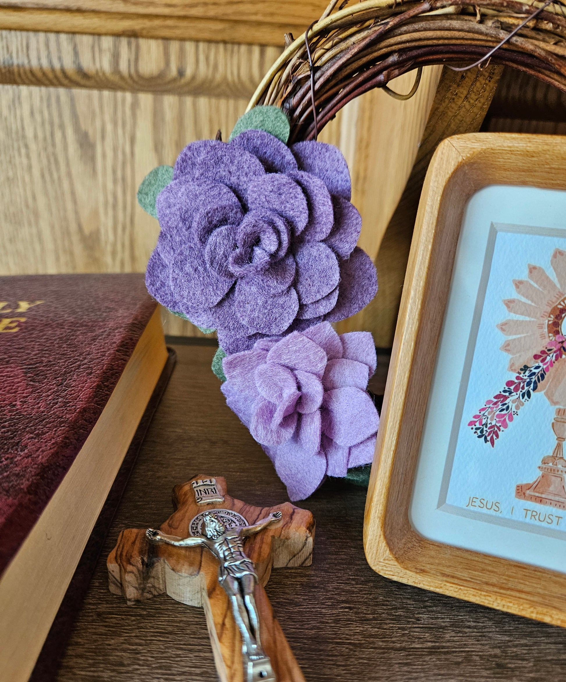 felt succulent wreath Sale! Lent wreath Purple succulent felt flower w/ flameless purple can – Field of Dandelions