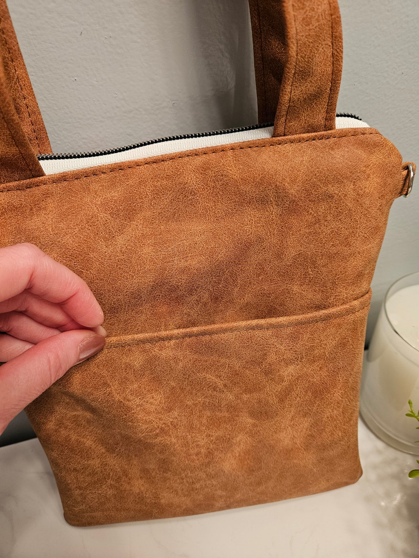 Hidden Rosary faux leather handled purse with Catholic fabric