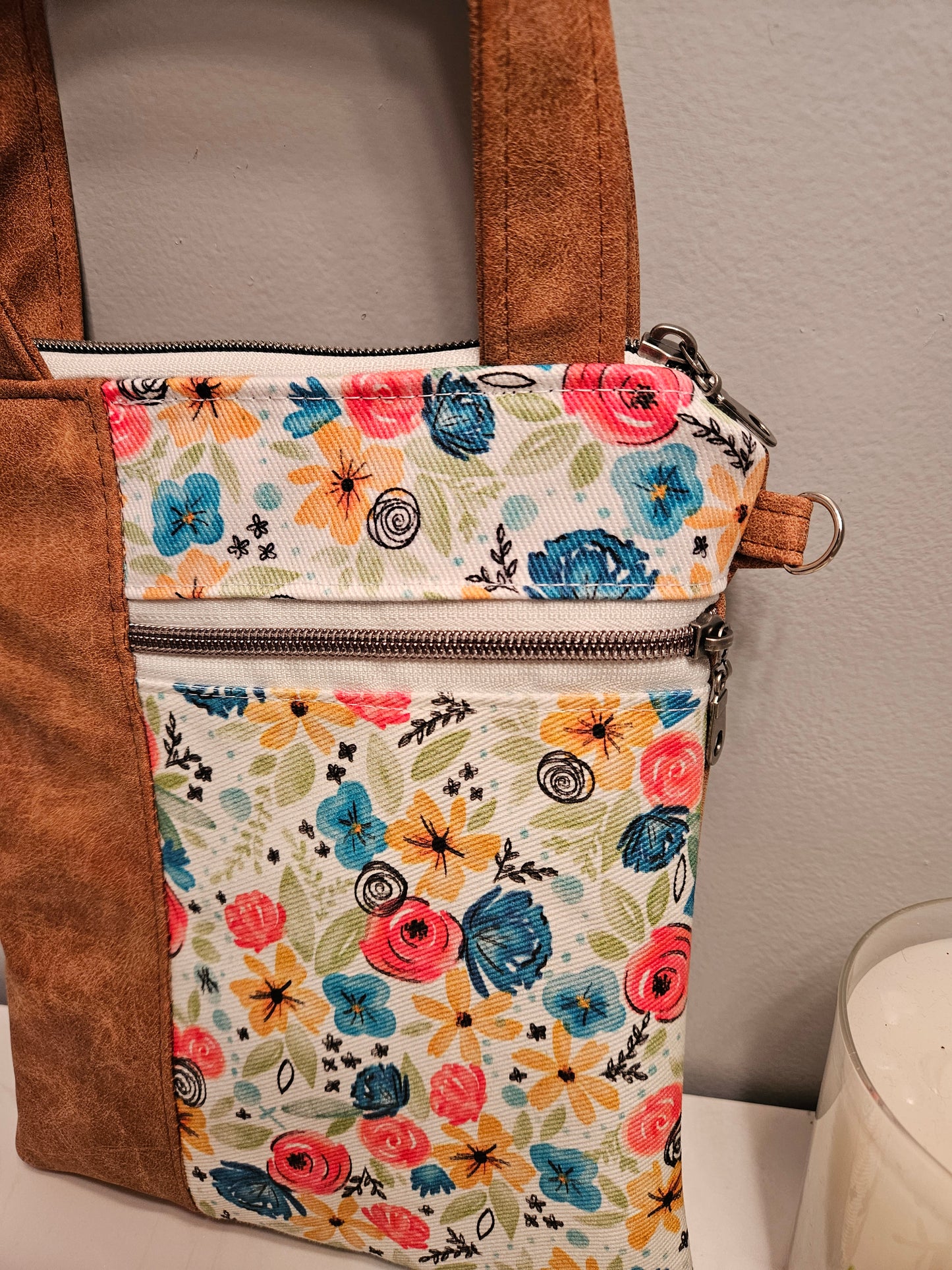 Hidden Rosary faux leather handled purse with Catholic fabric