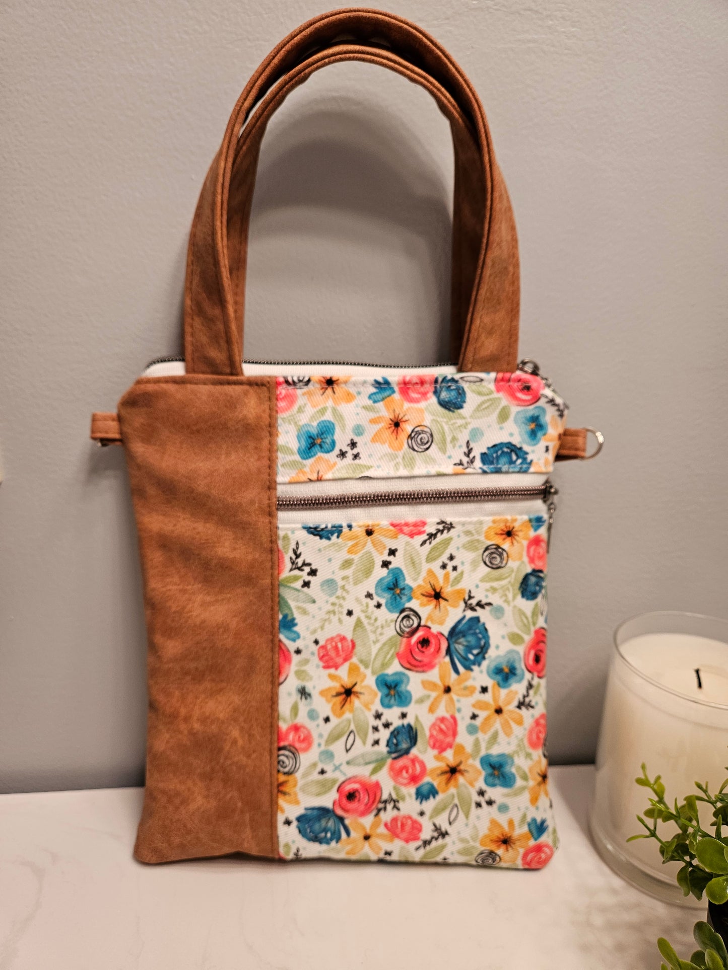 Hidden Rosary faux leather handled purse with Catholic fabric