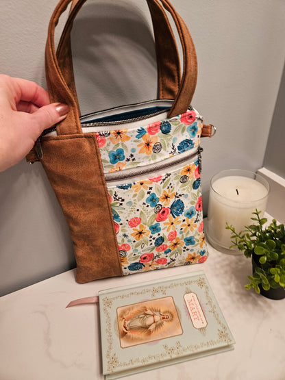 Hidden Rosary faux leather handled purse with Catholic fabric