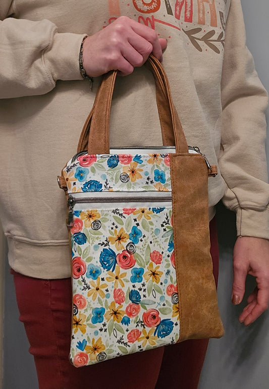 Hidden Rosary faux leather handled purse with Catholic fabric