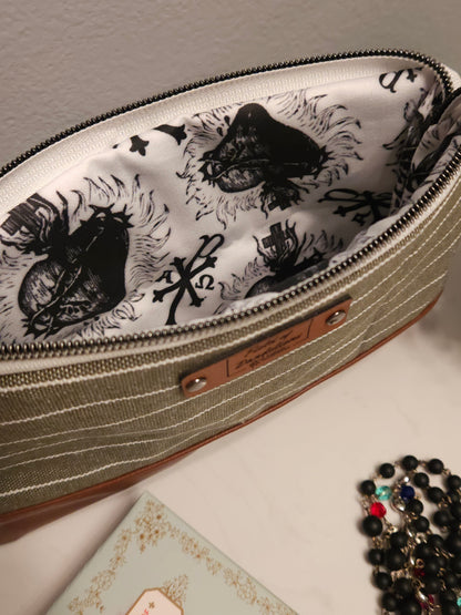 Neutral green veil pouch clutch with Sacred Heart of Jesus Catholic fabric