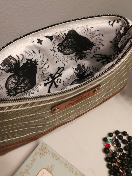 Neutral green veil pouch clutch with Sacred Heart of Jesus Catholic fabric
