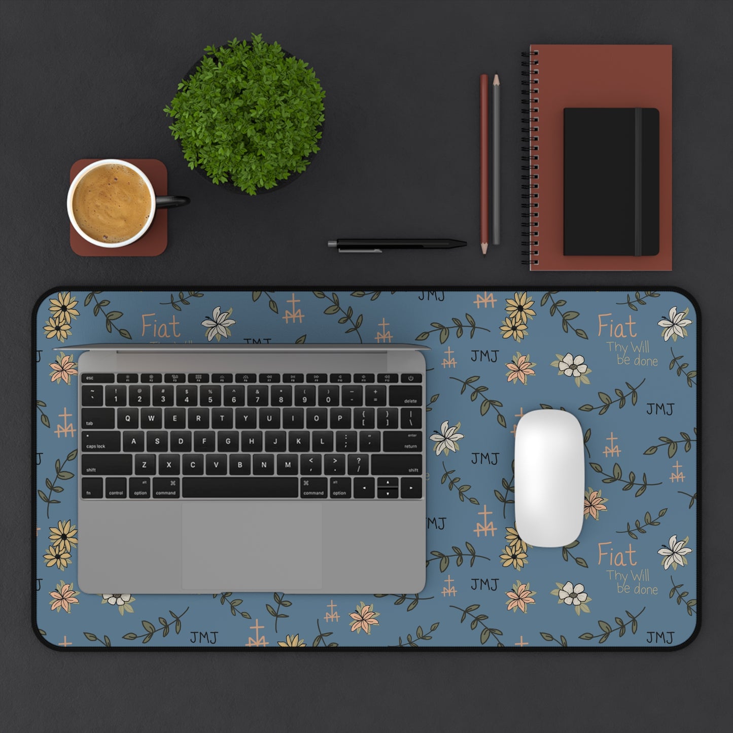Fiat Thy Will be Done Floral Inspirational Desk Mat - Perfect for Home Office, Modern Decor, Gift for Graduates, Motivational Message, Floral Themed