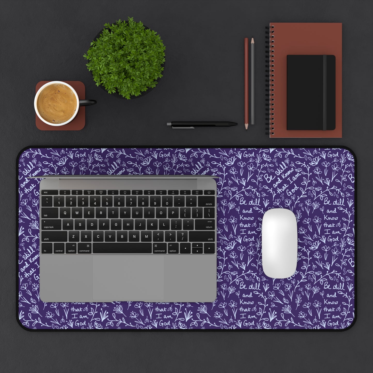 Purple Be Still and Know that I am God Floral Inspirational Desk Mat - Perfect for Home Office, Religious Themed, Christian decor