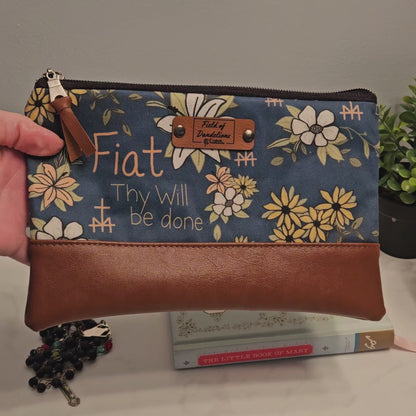 Fiat Blue Carry-all clutch with St. Joseph's lily Catholic handmade gift