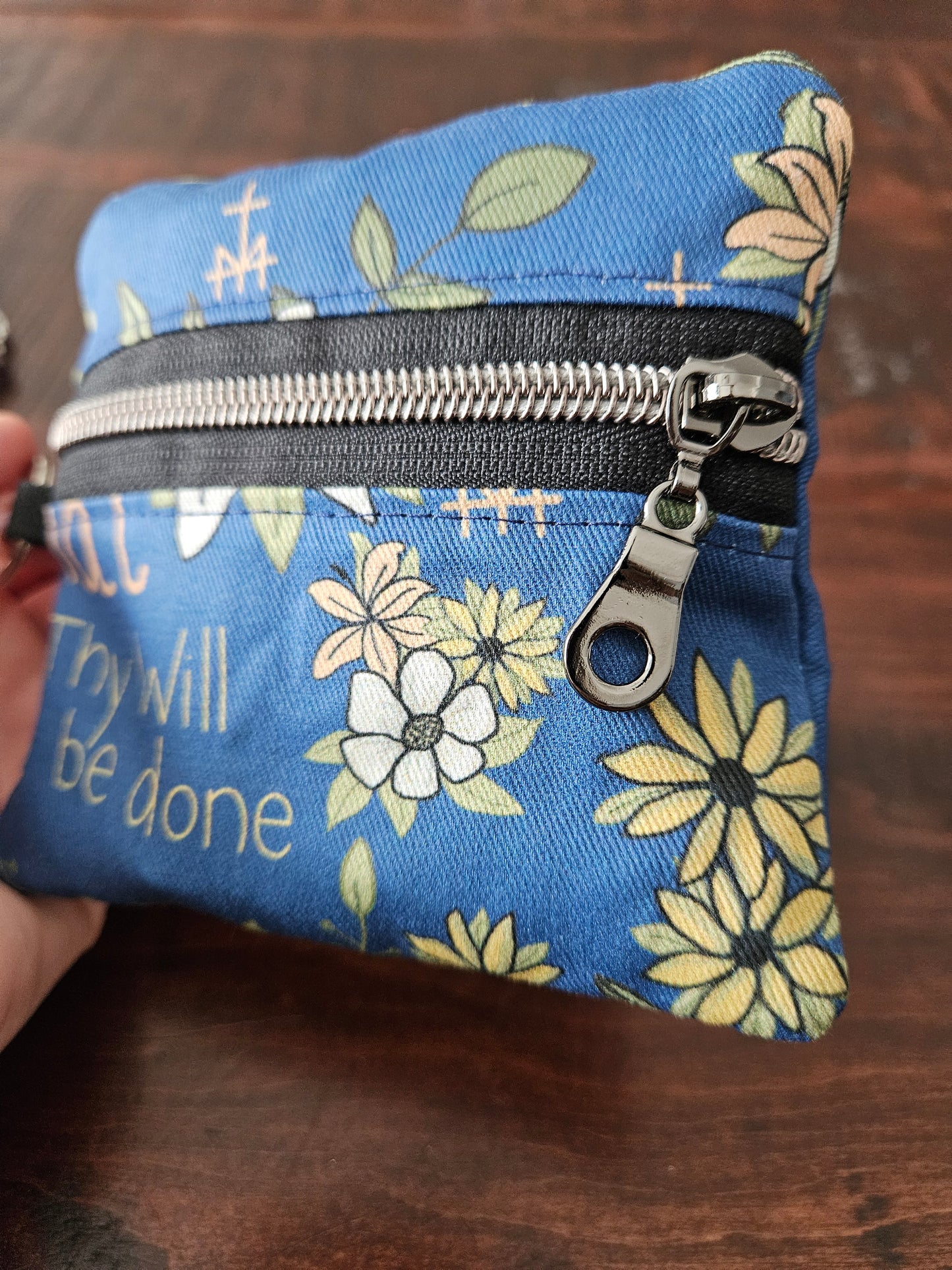 Fiat Thy Will be Done Small pouches- double zippered pouches and boxy pouches in Catholic fabrics