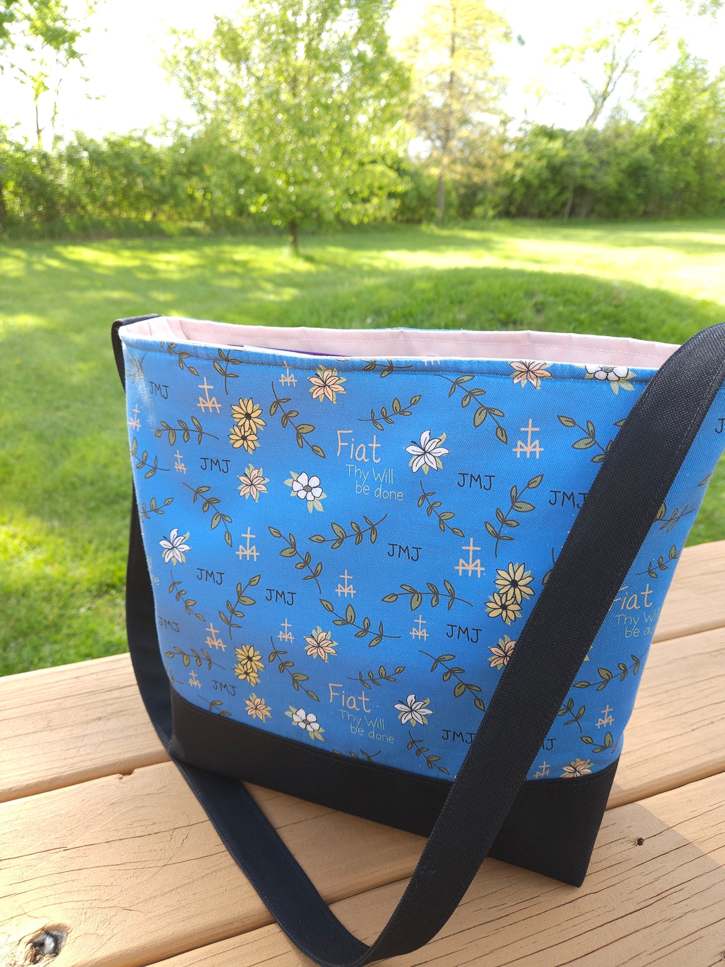 Fiat Thy Will be Done XL Crossbody Dusty Blue tote Catholic handmade purse