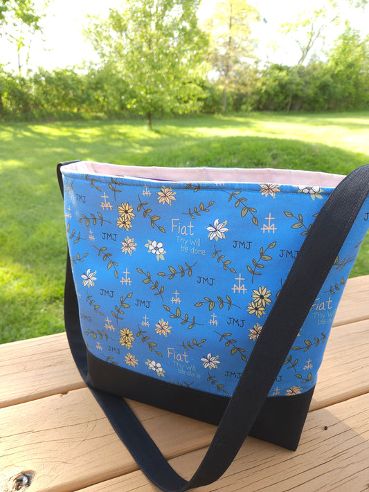 Fiat Thy Will be Done XL Crossbody Dusty Blue tote Catholic handmade purse