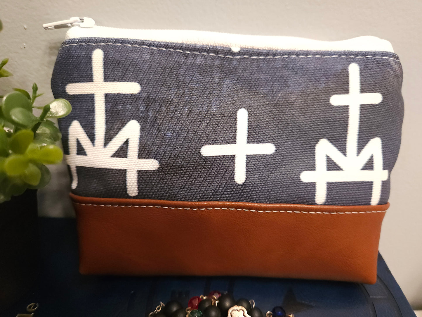 Denim Marian M small boxy pouch Miraculous Medal design