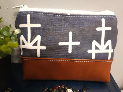 Denim Marian M small boxy pouch Miraculous Medal design