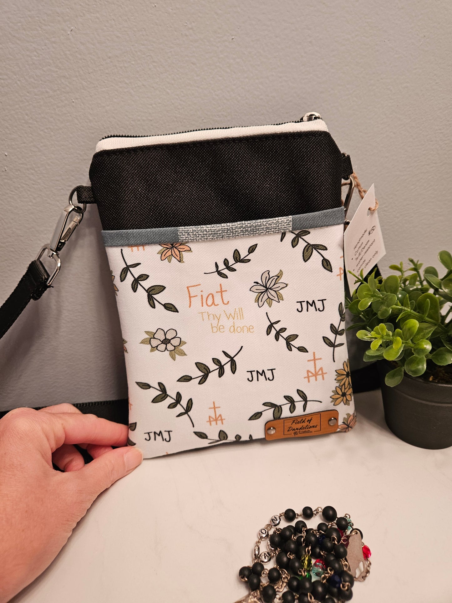 Fiat White Crossbody Catholic purse handmade Thy Will be Done