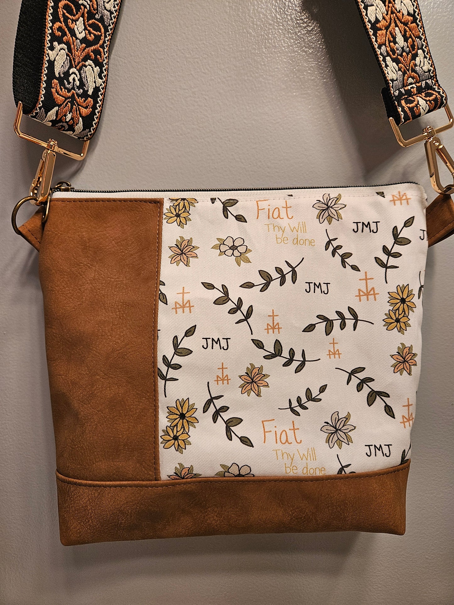 Asymmetrical Crossbody purse of Fiat Thy Will be Done Catholic fabric
