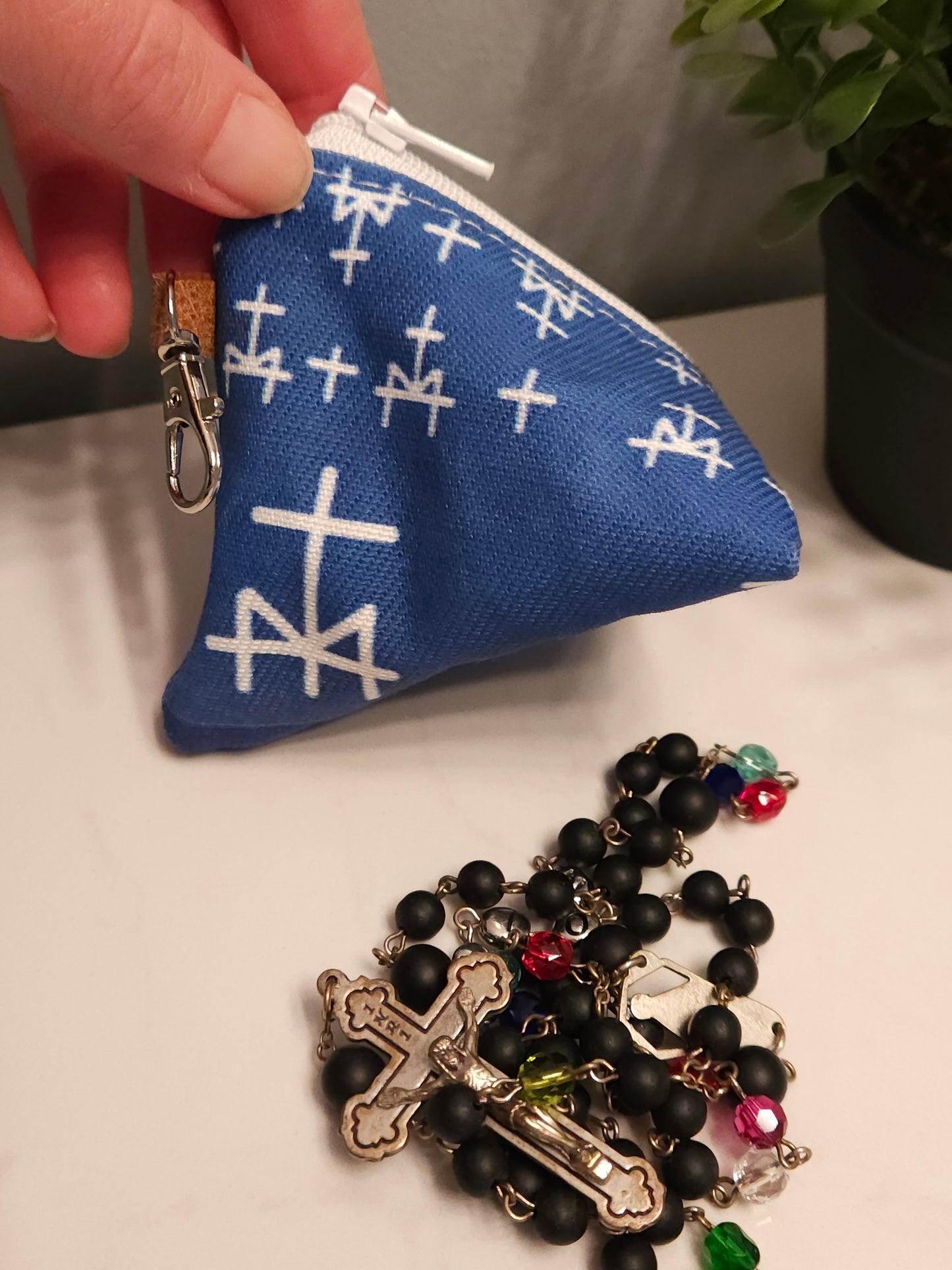 Triangle Rosary/Earbud cases featuring Catholic fabric in Marian symbols