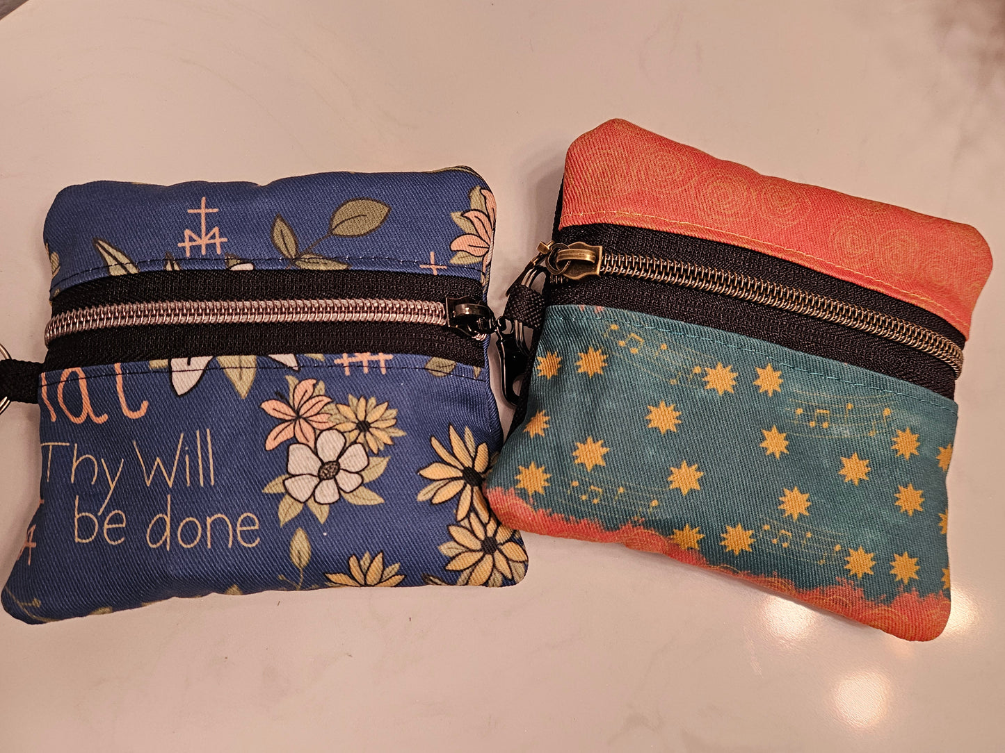 Double-sided zipper pouch with keyring Christian Catholic fabric pouch
