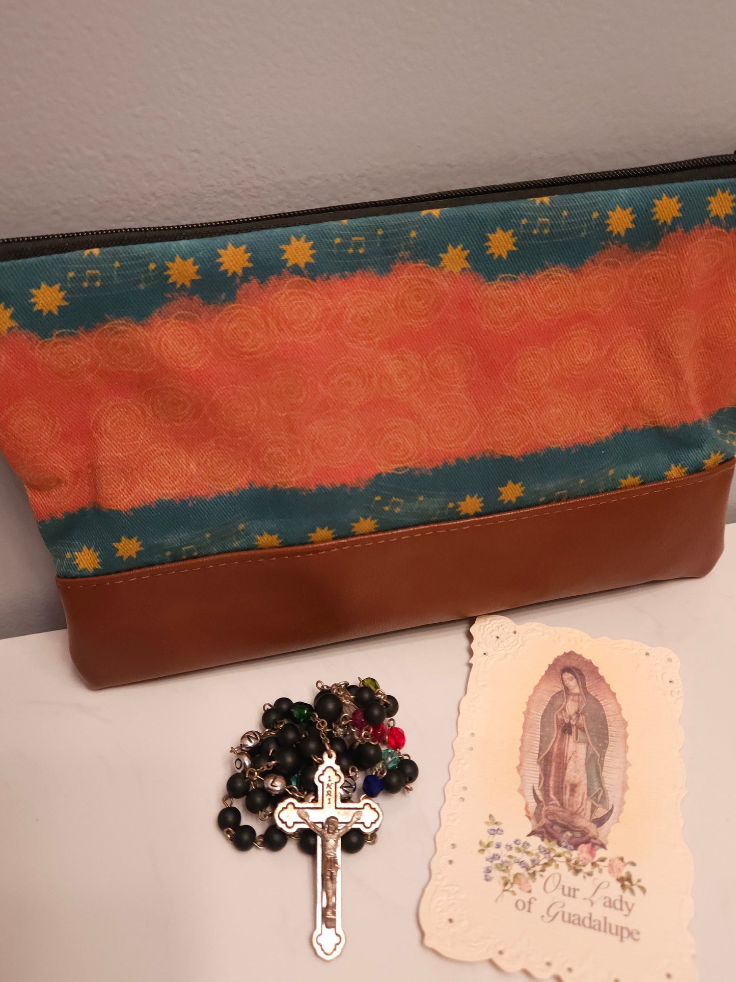 Our Lady of Guadalupe clutch of Mary's stars and gown zippered clutch pouch