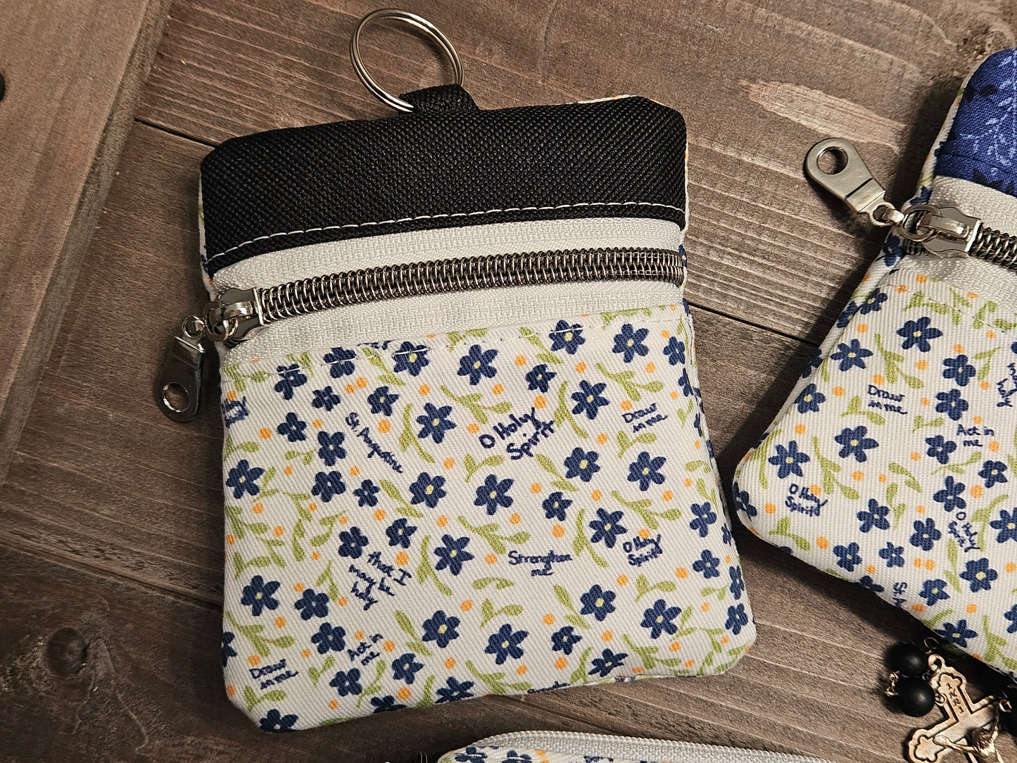 Prayer to the Holy Spirit St. Augustine Breathe in Me pouches in Catholic fabric for rosary, credit cards, wallets