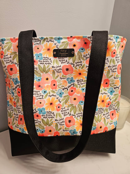 Extra Large Tote with Watercolor Hail Mary floral print Handmade