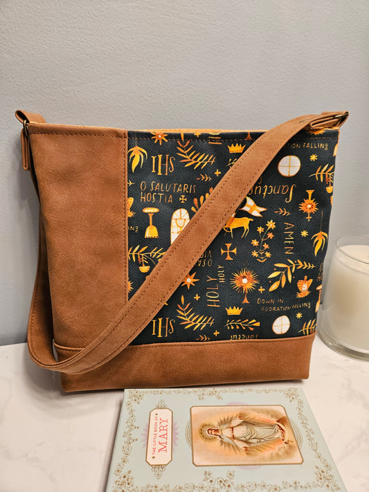 Asymmetrical tote bag purse with Latin prayers and Eucharistic Adoration symbols Catholic fabric tote bag