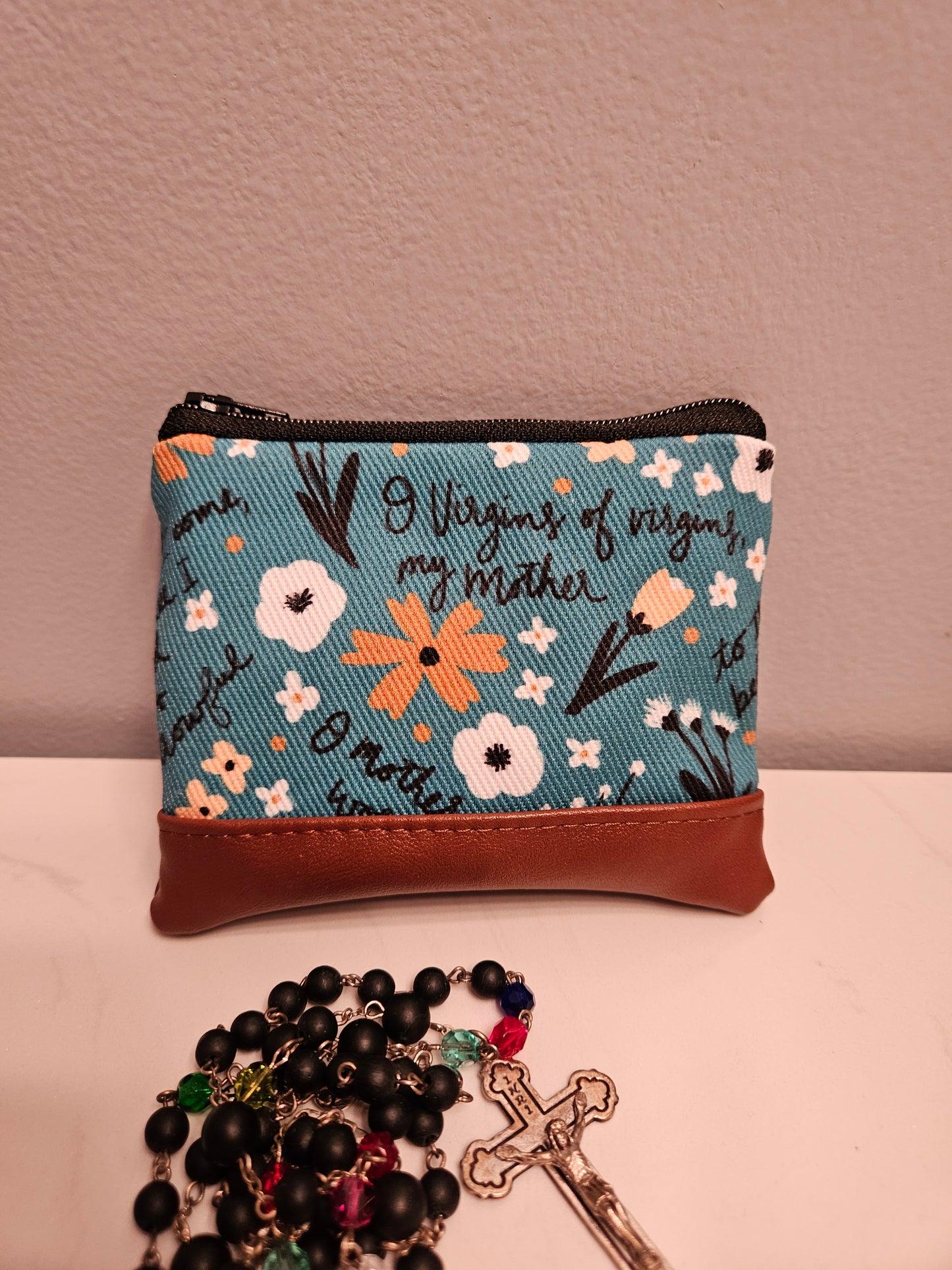 Memorare Teal Catholic Fabric Rosary Pouch Wallet