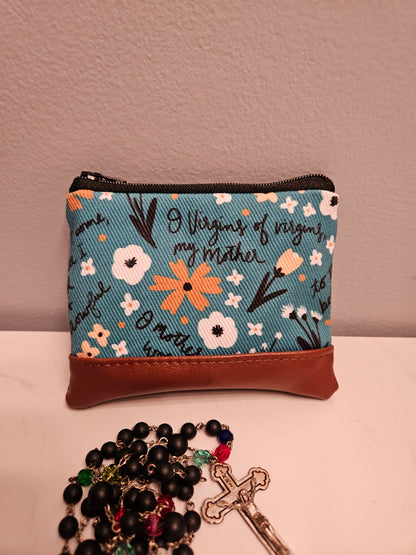 Memorare Teal Catholic Fabric Rosary Pouch Wallet