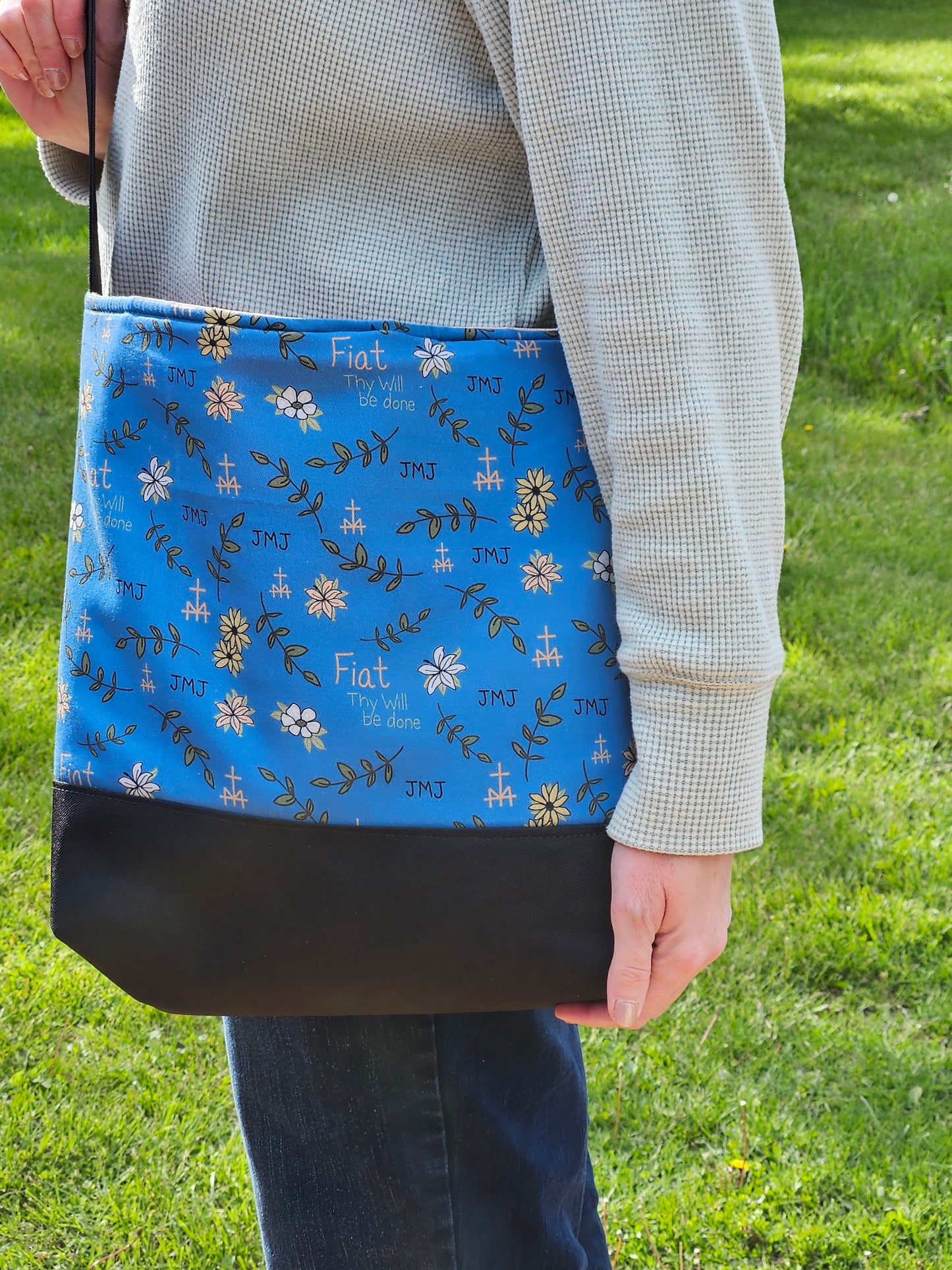 Fiat Thy Will be Done XL Crossbody Dusty Blue tote Catholic handmade purse