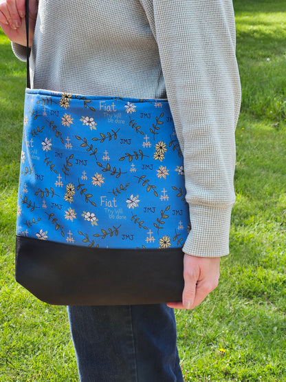 Fiat Thy Will be Done XL Crossbody Dusty Blue tote Catholic handmade purse