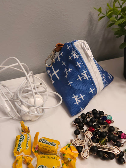 Triangle Rosary/Earbud cases featuring Catholic fabric in Marian symbols